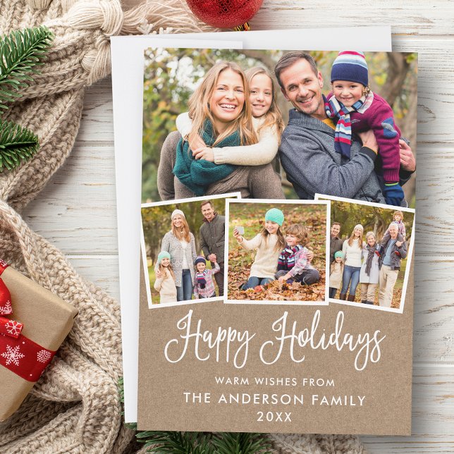 Modern Fun Calligraphy Kraft 4 Photo Holiday Card (Customize to add text to back of card.)