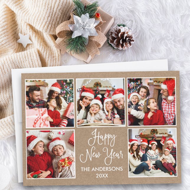 Modern Fun Calligraphy Kraft 5 Photo New Year Holiday Card (Customize to add text to back of card.)