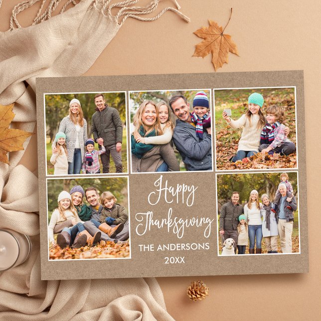 Modern Fun Calligraphy Kraft 5 Photo Thanksgiving Postcard (Customize to change your personalized text size or text style.)