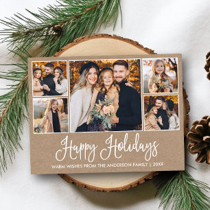 Modern Fun Calligraphy Kraft 5 Photos Holiday Postcard