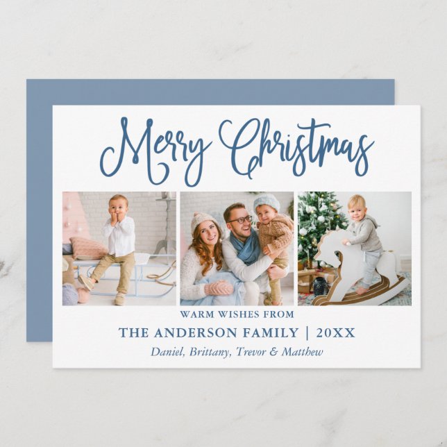 Modern Fun Calligraphy Photo Dusty Blue Christmas Holiday Card (Front/Back)
