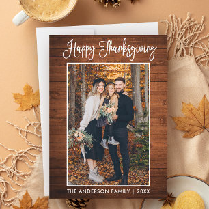 Modern Fun Calligraphy Photo Wood Thanksgiving  Holiday Card
