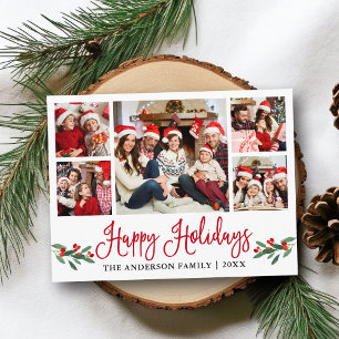 Modern Fun Calligraphy Red Holly 5 Photo Holiday Postcard