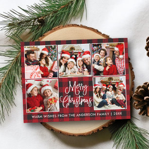 Modern Fun Calligraphy Red Plaid 5 Photo Christmas Postcard