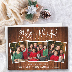 Modern Fun Calligraphy Wood 3 Photo Feliz Navidad Holiday Card