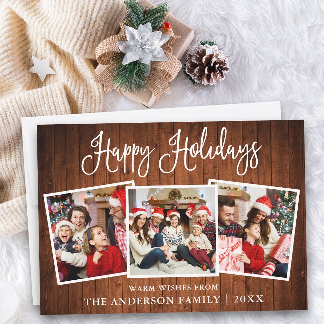 Modern Fun Calligraphy Wood 3 Photo Holiday Card (Customize to add text to back of card.)