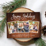 Modern Fun Calligraphy Wood 3 Photo Holiday Postcard<br><div class="desc">Modern Fun Calligraphy Script Happy Holidays Family 3 Photo Postcard - Rustic Country Wood</div>