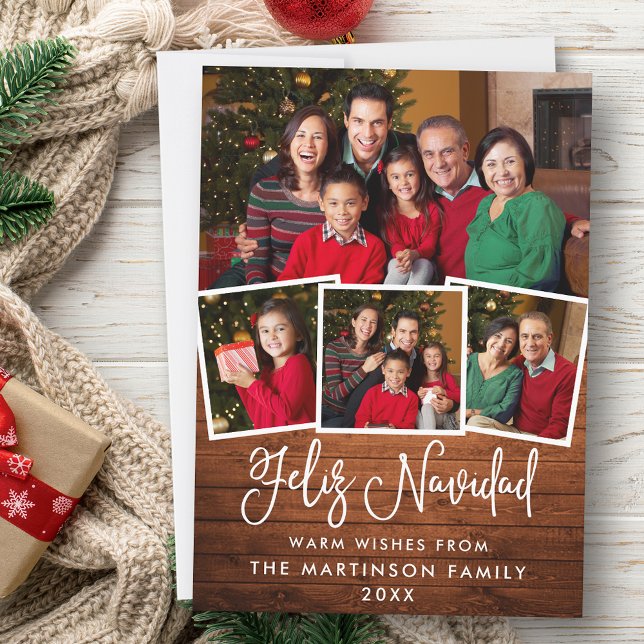 Modern Fun Calligraphy Wood 4 Photo Feliz Navidad Holiday Card (Customize to add text to back of card.)
