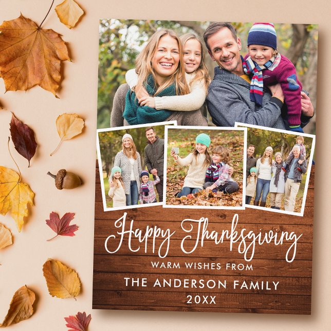 Modern Fun Calligraphy Wood 4 Photos Thanksgiving Holiday Postcard (Customize to change your personalized text size or text style.)
