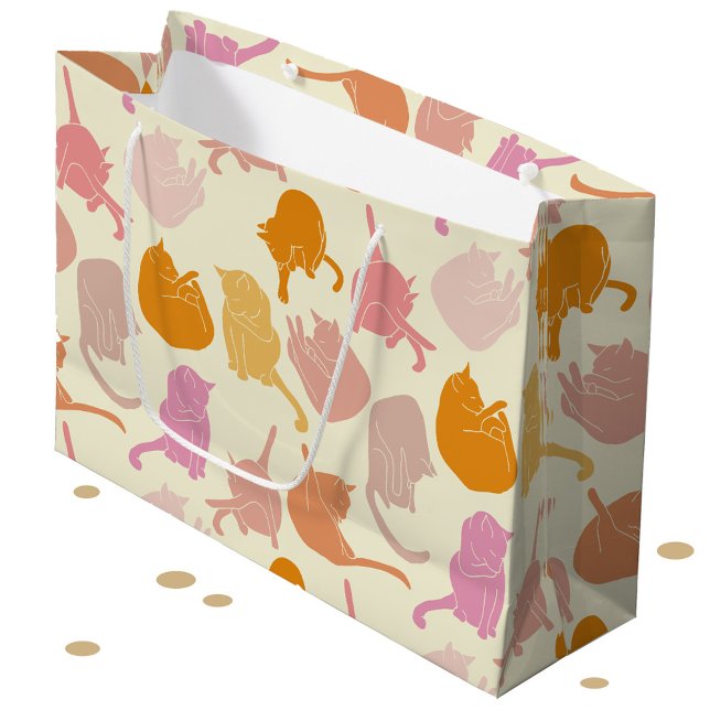 Modern Fun Cat Pattern Pink Orange Peach Large Gift Bag (Fun kitty cat pattern in pink, peach and orange on a cream background)