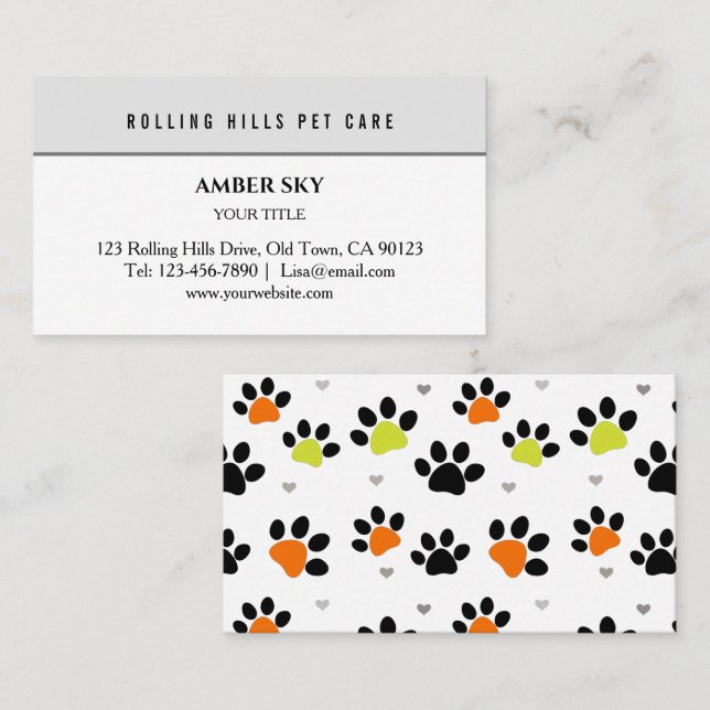 Modern Fun Colourful Paw Pet Care  Business Card (Front/Back)
