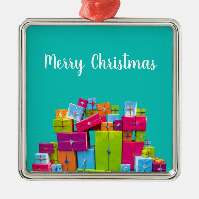 Modern fun colourful presents Christmas Metal Tree Decoration (Front)