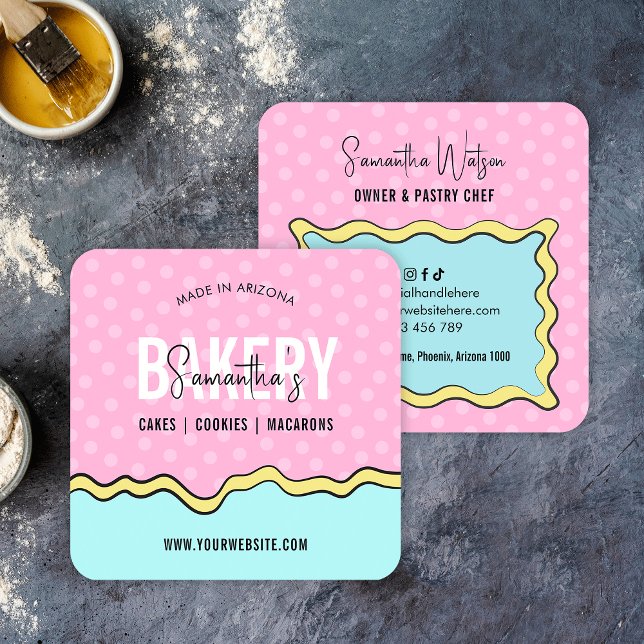 Modern Fun Colourful Trendy Cartoon Cake Bakery Square Business Card (Trendy and fun baker business cards in pastel colors and retro style)