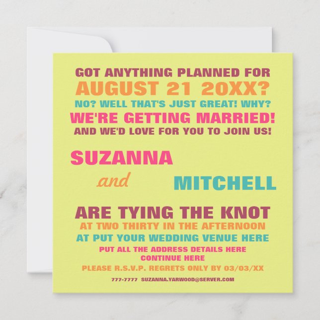 Modern Fun Colourful Wedding Invitation (Front)