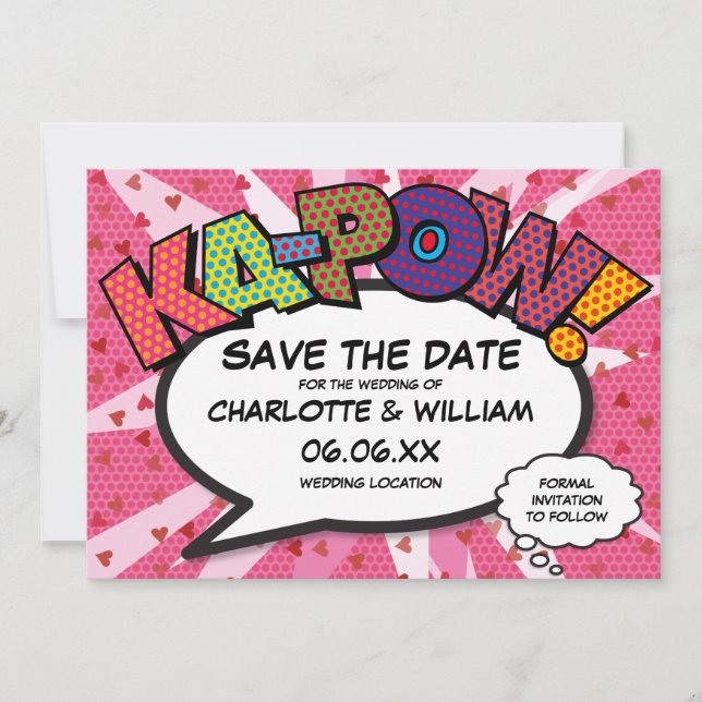 Modern Fun Comic Book KAPOW Pink Love Hearts Save The Date (Front)