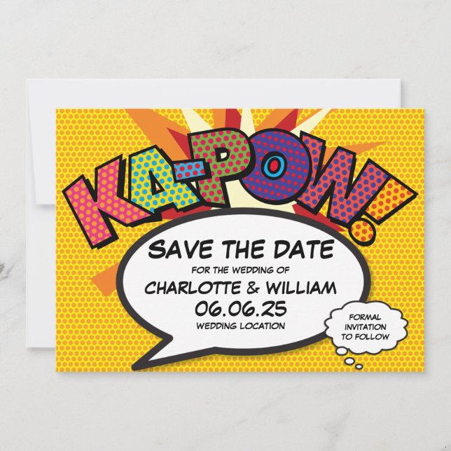 Modern Fun Comic Book Kapow Wedding Save The Date (Front)