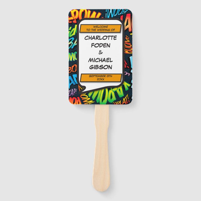 Modern Fun Comic Book Wedding Program Hand Fan (Front)