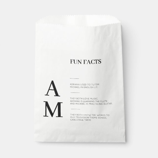 Modern Fun Facts Bold Black Initials Wedding    Favour Bags (Front)