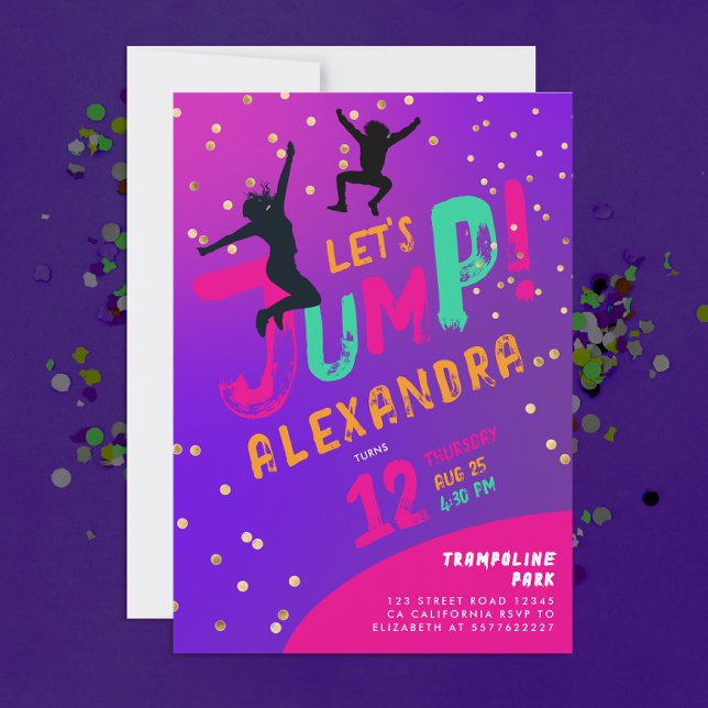 Modern Fun Girl Purple Pink Trampoline Jump Bounce Invitation (Creator Uploaded)