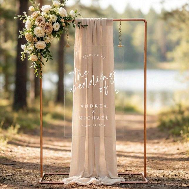 Modern Fun Handwriting Wedding Welcome Acrylic Sign (Acrylic wedding welcome sign with white ink printing in modern fun handwriting and heart.)