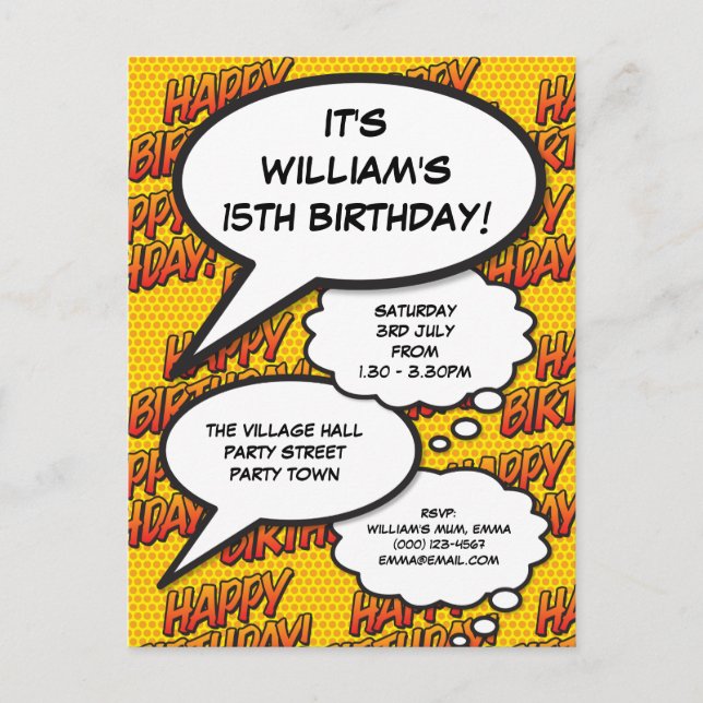 Modern Fun Happy Birthday Party Comic Book Invitation Postcard (Front)