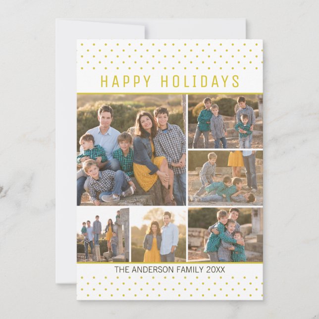 Modern Fun Happy Holidays Gold Polka Dots 7 Photo Holiday Card (Front)