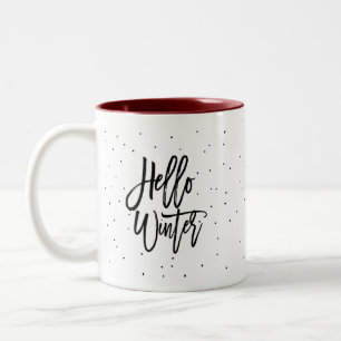 Modern Fun Hello Winter Cosy Script Dots Minimal Two-Tone Coffee Mug