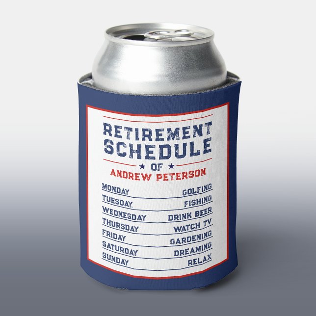 Modern Fun Man Blue White Retire Schedule Plan Can Cooler (Creator Uploaded)