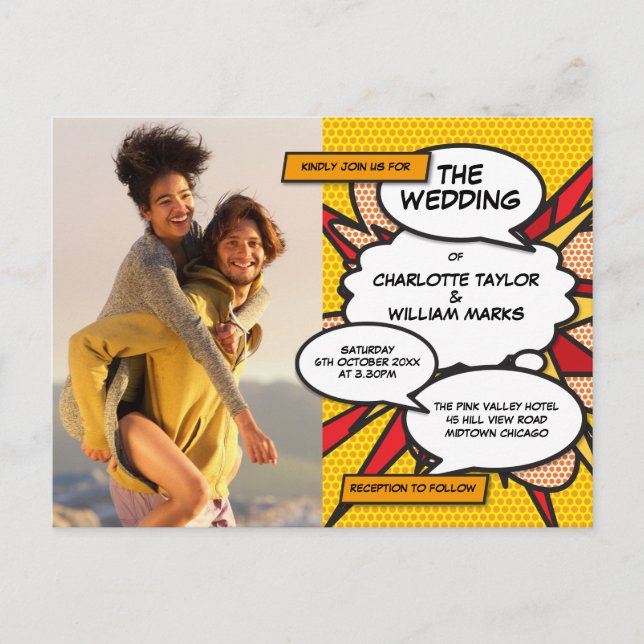 Modern Fun Photo Comic Book Wedding Invitation Postcard (Front)