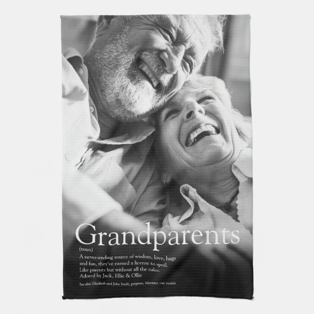 Modern Fun Photo Grandparents Definition Tea Towel (Vertical)