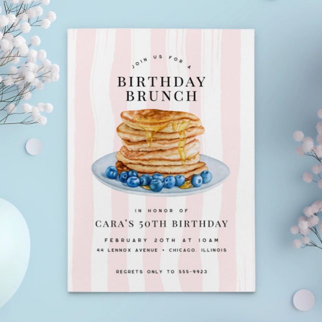 Modern Fun Pink Blueberry Pancakes Birthday Brunch Invitation (Creator Uploaded)