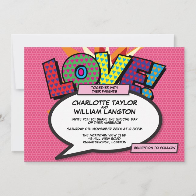 Modern Fun Pink Love Comic Book Wedding Invitation (Front)