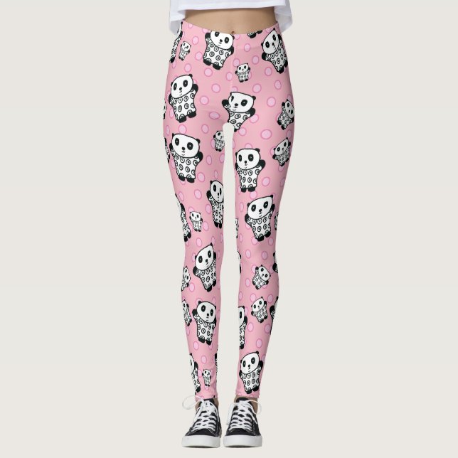 Modern Fun Pink Panda Bear Polka Dot Leggings (Front)