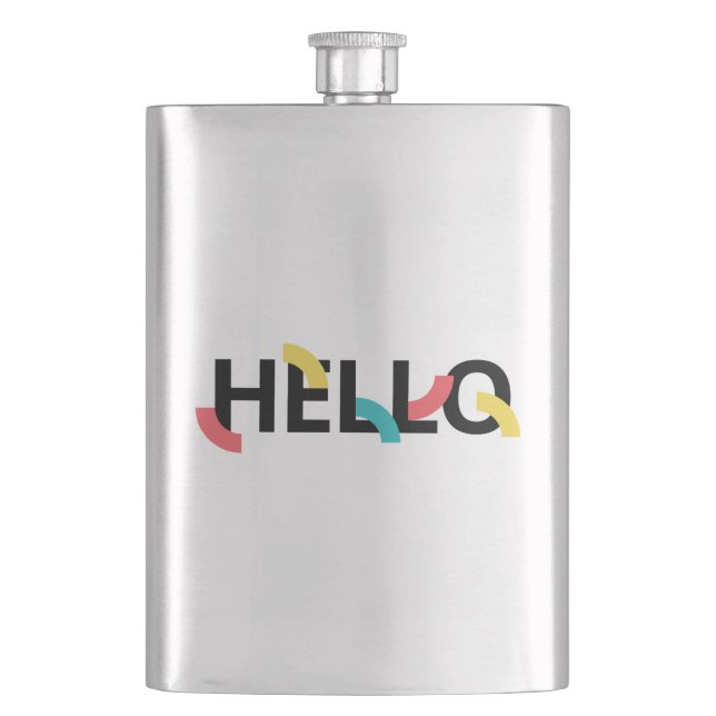 Modern, fun, playful, colourful design of Hello Hip Flask (Front)