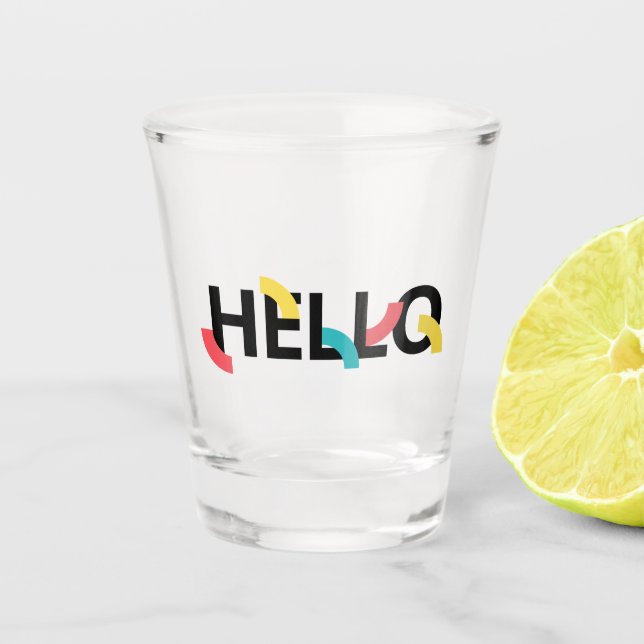Modern, fun, playful, colourful design of Hello Shot Glass (Front)