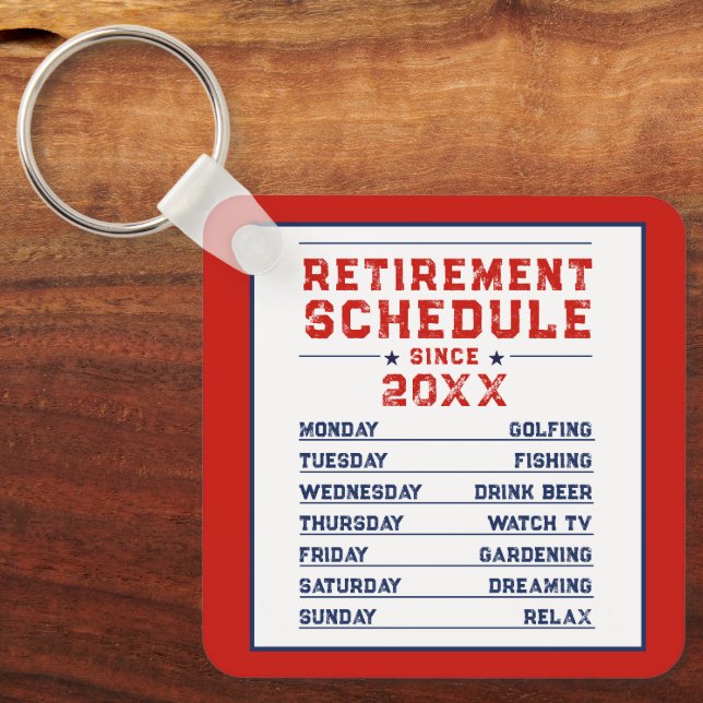 Modern Fun Red Blue White Man Retirement Schedule Key Ring (Front)