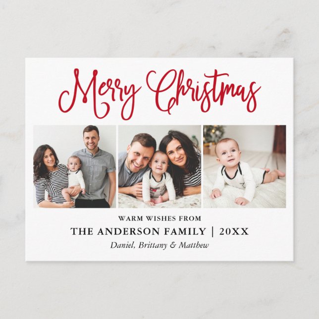 Modern Fun Red Calligraphy Christmas 3 Photos Postcard (Front)