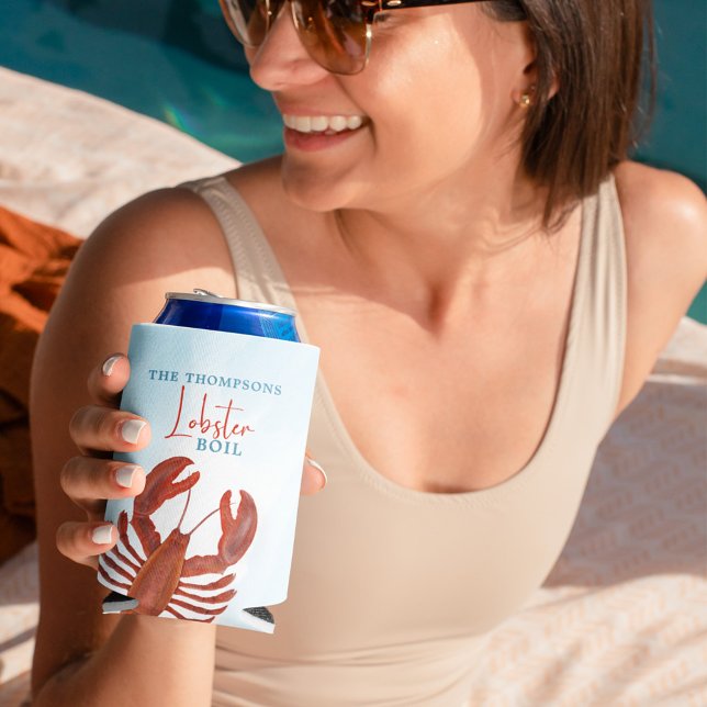 Modern Fun Red Lobster Boil Seafood Typography Can Cooler (Lobster boil custom can cooler)