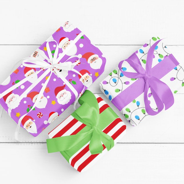 Modern Fun Santa Stripes & Christmas Lights Purple Wrapping Paper Sheet (Creator Uploaded)