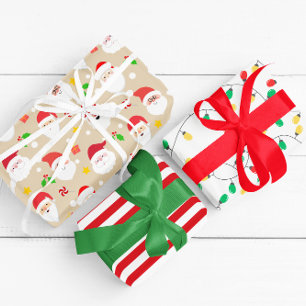 Modern Fun Santa, Stripes & Christmas Lights Tan Wrapping Paper Sheet