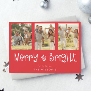 Modern Fun Script   3 Photo Red Christmas Holiday Card