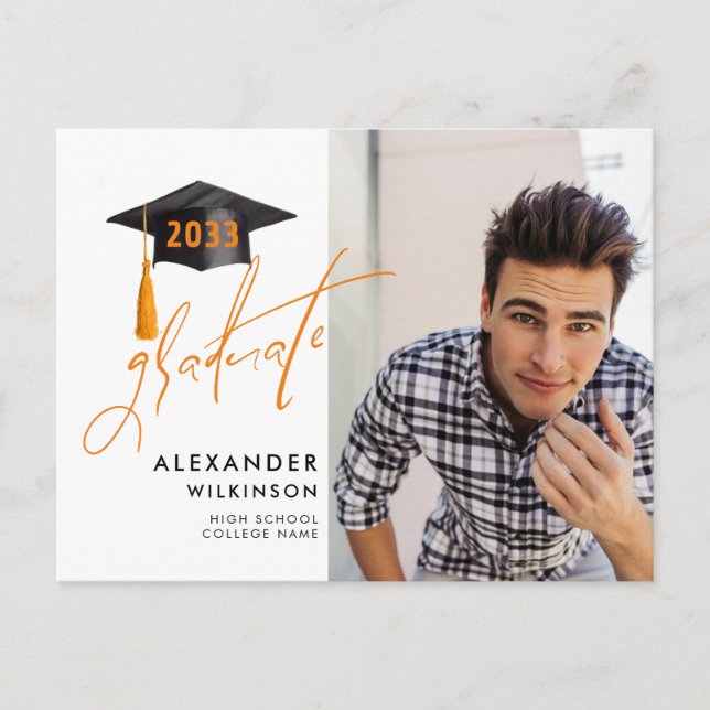 Modern Fun Script Minimalist Chic Photo Graduation Invitation Postcard (Front)