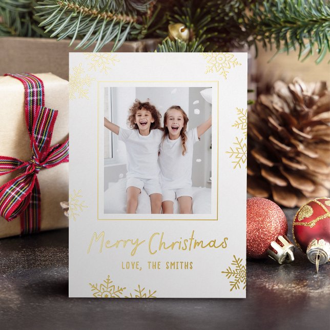 Modern Fun Snowflakes Merry Christmas Script Photo (Modern Fun Snowflakes Merry Christmas Script Photo Foil Holiday Card)