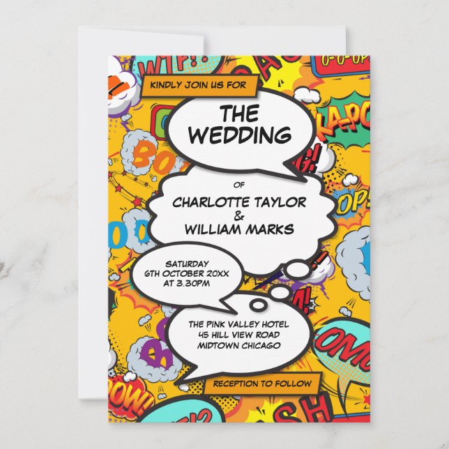 Modern Fun Typographic Comic Book Wedding Invitation (Front)