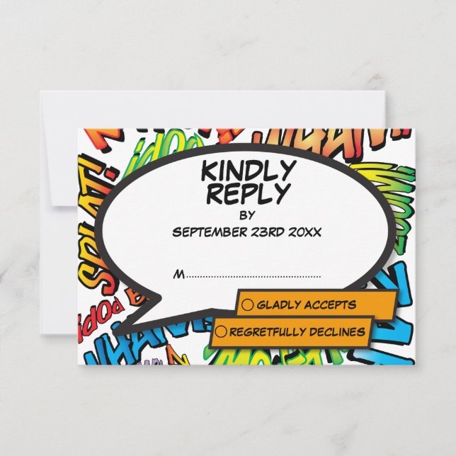 Modern Fun Typographic Comic Book Wedding RSVP Card (Front)