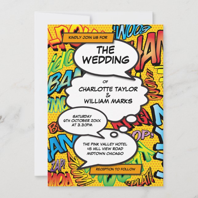 Modern Fun Typographic Designer Comic Wedding Invitation (Front)