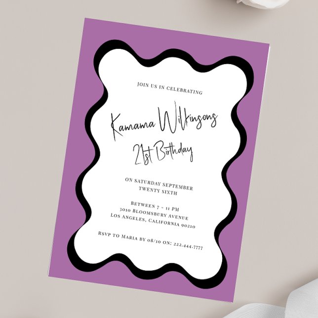 modern fun wavy 21st birthday  invitation (modern fun fully ediatble wavy border 21st birthday invitation )