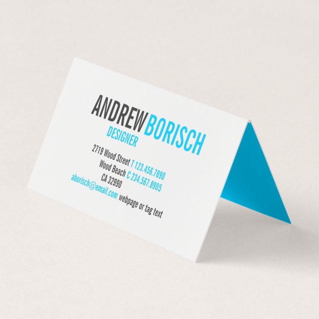 Modern Fun White Vivid Sky Blue Folded Business Card (Front)
