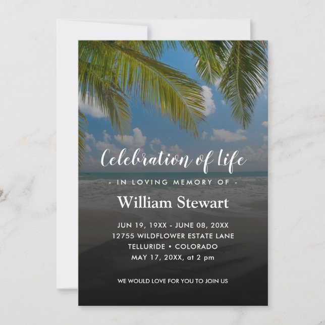 Modern Funeral | Beach Palms Celebration of Life Invitation (Front)