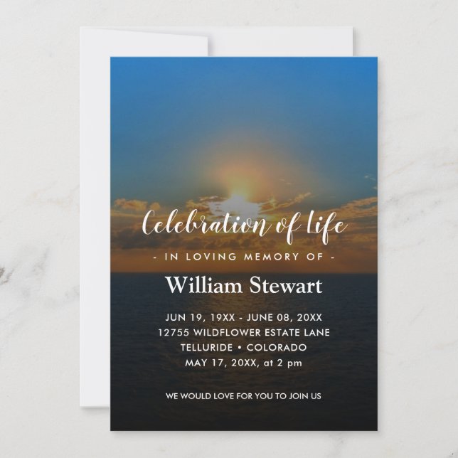 Modern Funeral | Beach Sunset Celebration of Life Invitation (Front)